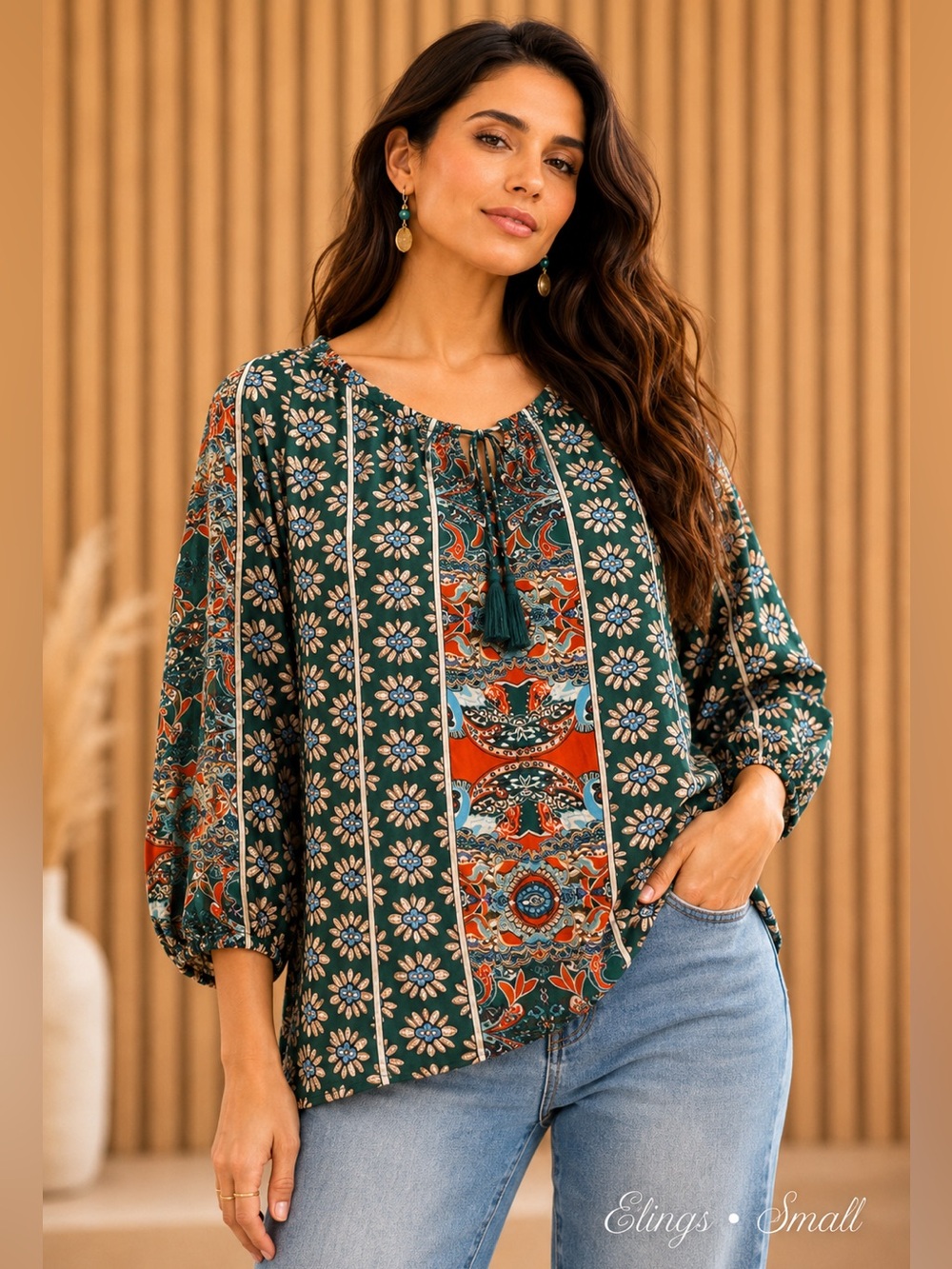 Elings Boho Paisley Floral Peasant Blouse Small Teal Orange Viscose